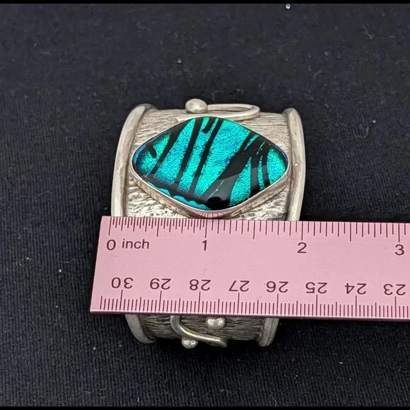 Large & Heavy MAJESTIC Green Sterling Silver Dichroic Glass Bracelet, 2014 made - Picture 4 of 6